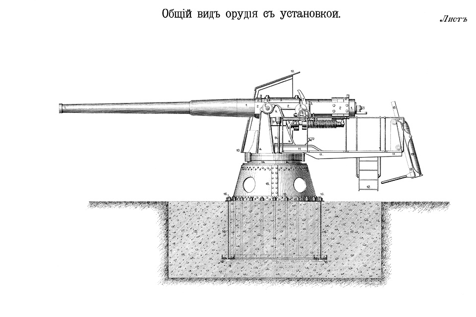 Лист I — Общий вид орудия с установкой