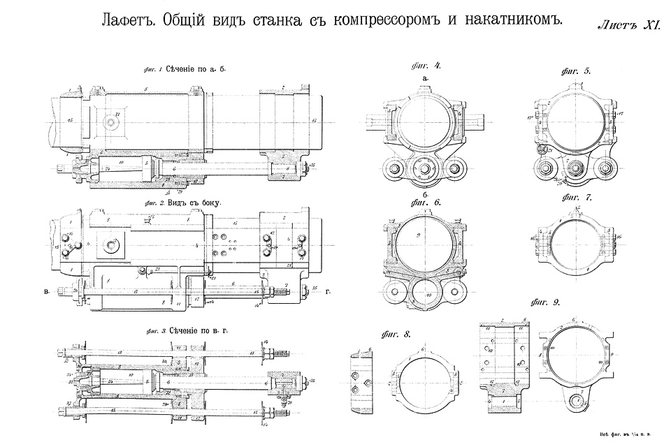 Лист XI — Лафет. Общий вид станка с компрессором и накатником