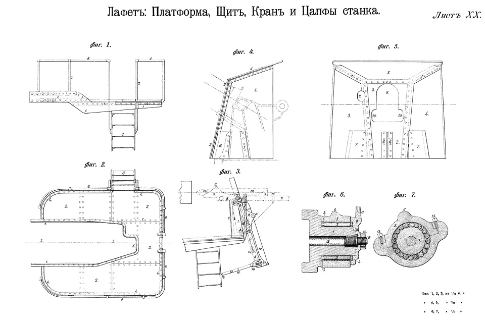 Лист XX — Лафет: Платформа, Щит, Кран и Цапфы станка