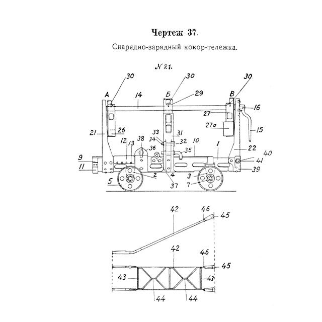 Чертёж 37 — Снарядно-зарядный кокор-тележка